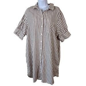 Old Navy Brown White Striped Linen Blend Button Down Shirt Dress Tunic XL Pocket